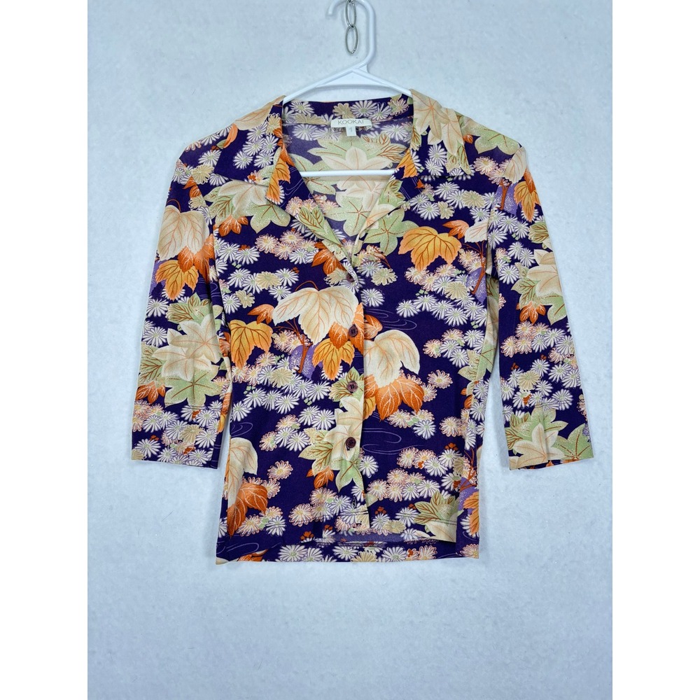 Kookai Floral Leaf Button Up Top Slim Fit 1 3/4 Sleeve Knit Artsy Retro